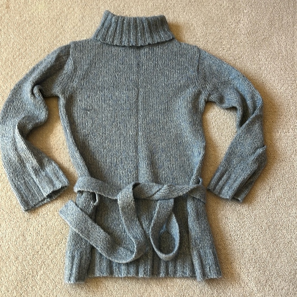 Blue gray warm turtleneck, belted tunic.